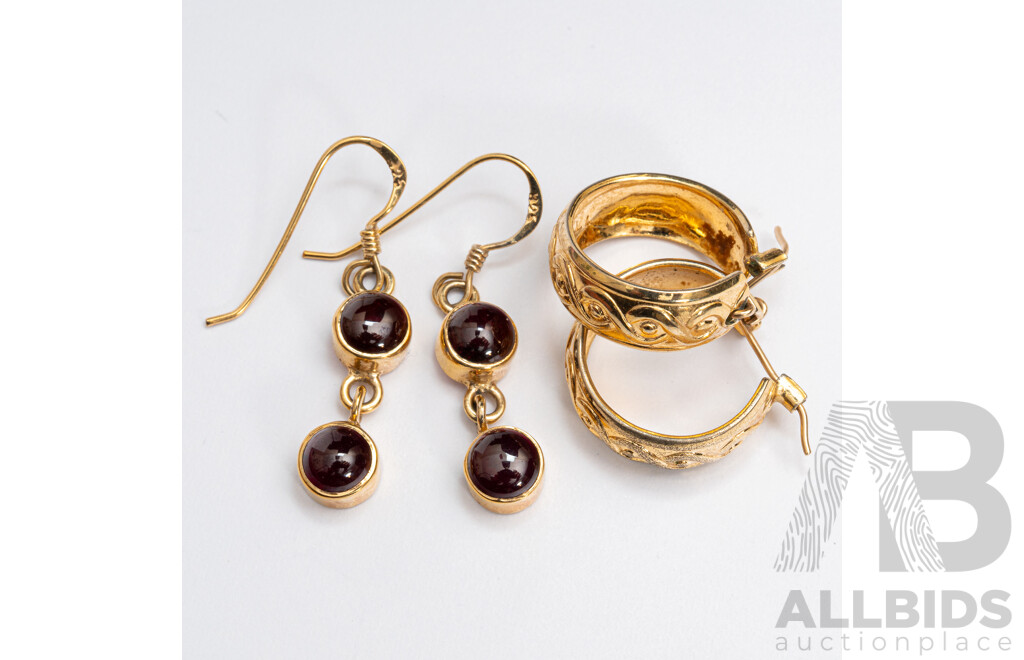 Sterling Silver Gold Tone Garnet Cabochon Drop Earrings, 3.58 Grams & Creola Gold Tone Vintage Hoop Earrings