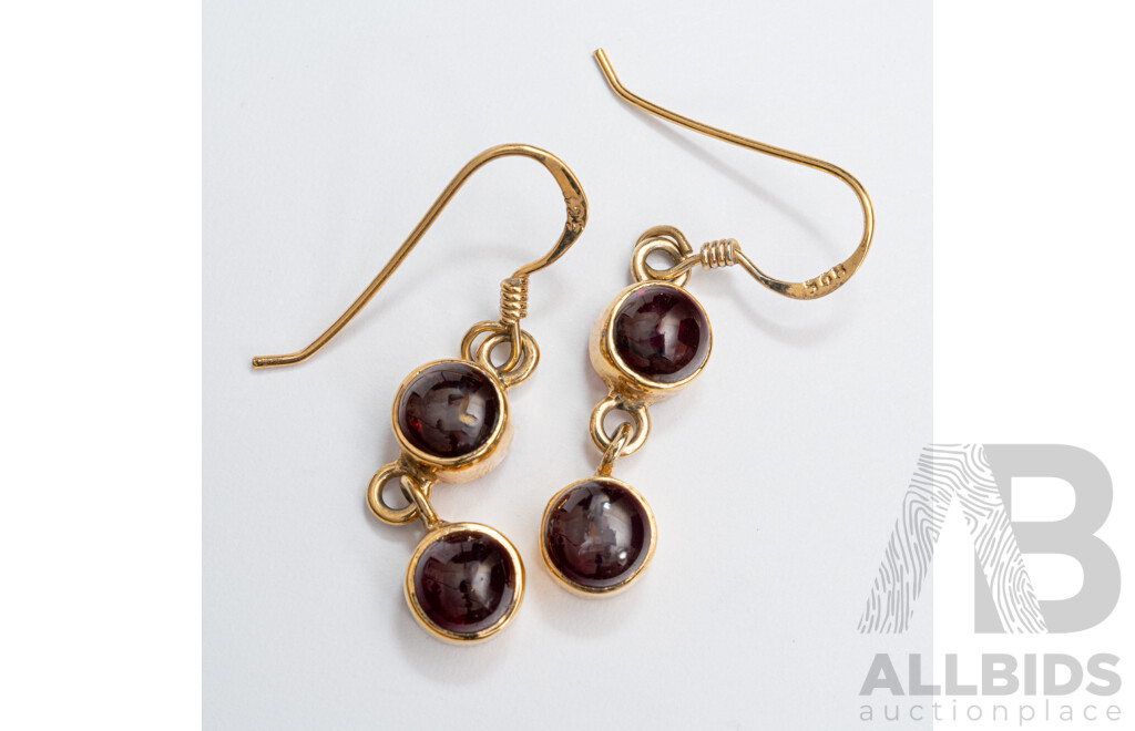 Sterling Silver Gold Tone Garnet Cabochon Drop Earrings, 3.58 Grams & Creola Gold Tone Vintage Hoop Earrings