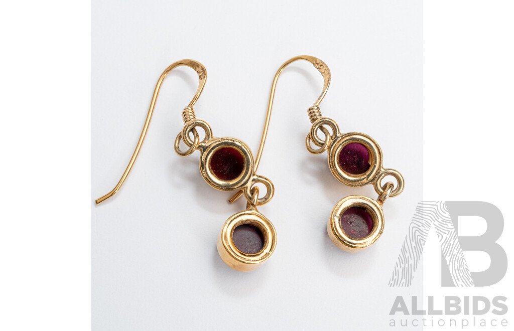 Sterling Silver Gold Tone Garnet Cabochon Drop Earrings, 3.58 Grams & Creola Gold Tone Vintage Hoop Earrings