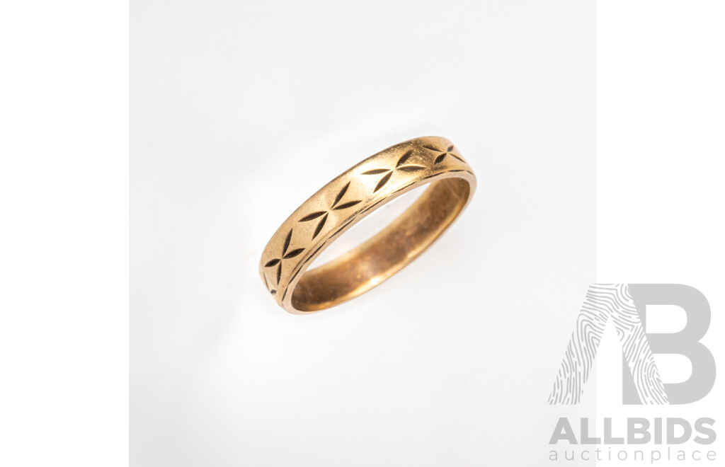 9ct Vintage Etched Patterned Wedding/friendship Ring, Size L, 1.81 Grams