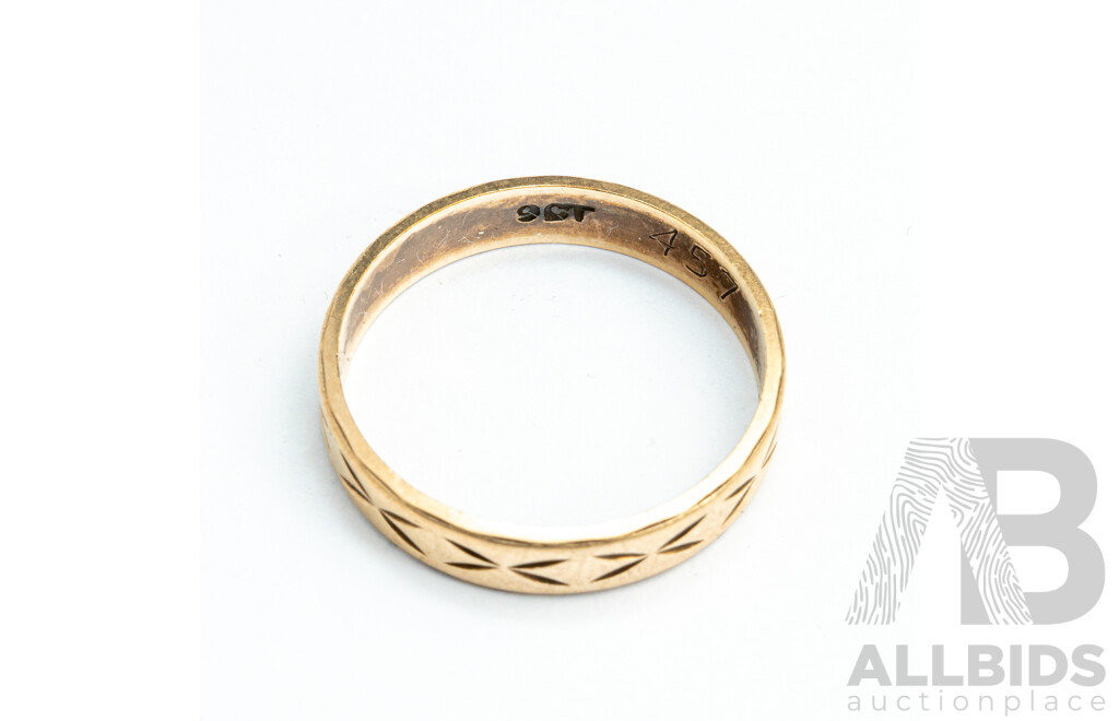 9ct Vintage Etched Patterned Wedding/friendship Ring, Size L, 1.81 Grams