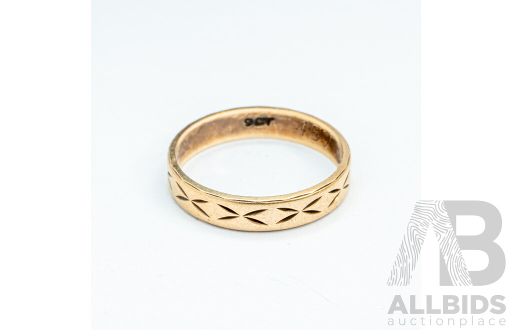 9ct Vintage Etched Patterned Wedding/friendship Ring, Size L, 1.81 Grams