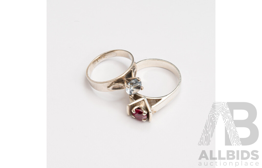 Vintage Ruby & Topaz Solitaire Rings in Sterling Silver, Size I/L, 5.68 Grams