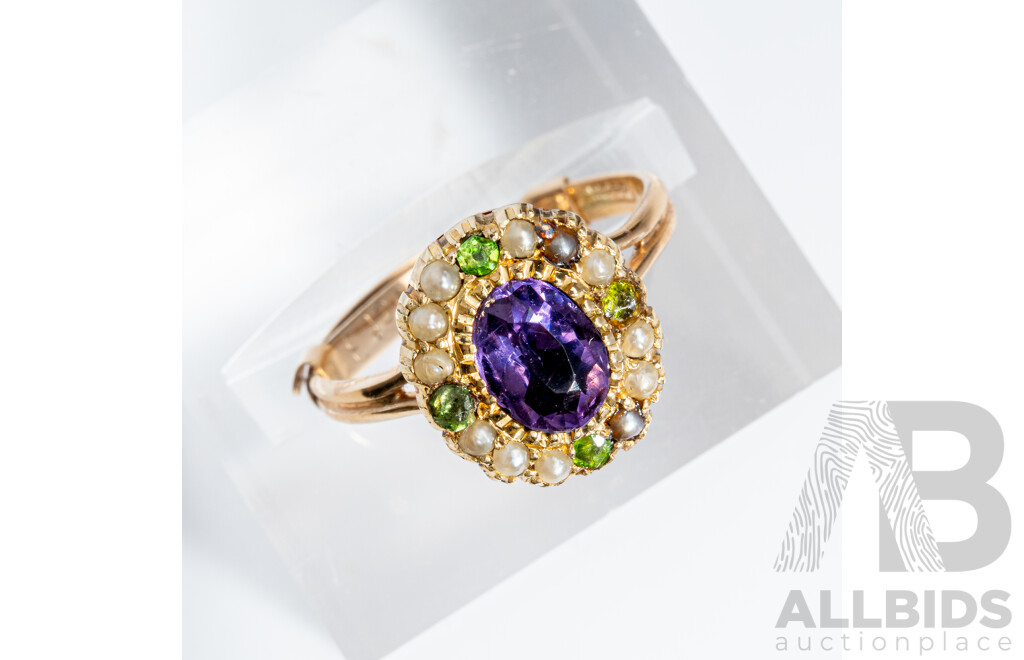 15ct Vintage Amethyst, Seed Pearl and Tourmaline Ring, Size I, 2.21 Grams