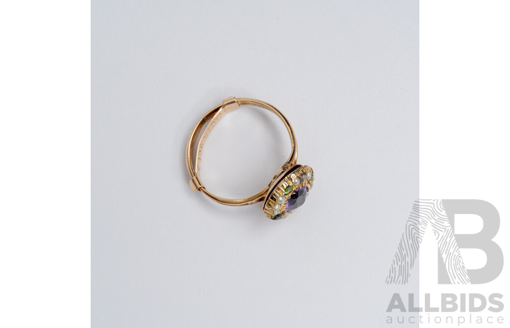 15ct Vintage Amethyst, Seed Pearl and Tourmaline Ring, Size I, 2.21 Grams