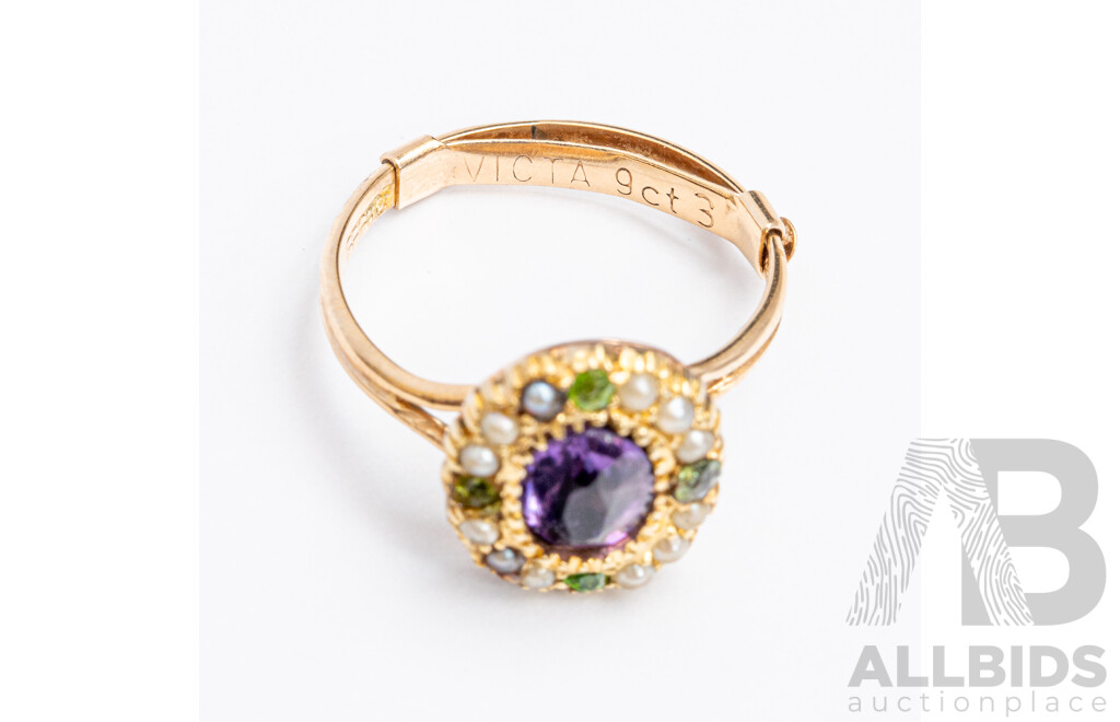 15ct Vintage Amethyst, Seed Pearl and Tourmaline Ring, Size I, 2.21 Grams