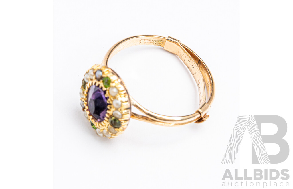 15ct Vintage Amethyst, Seed Pearl and Tourmaline Ring, Size I, 2.21 Grams