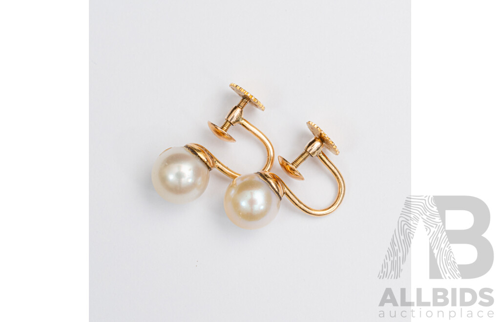 14ct Vintage Gold Cultured Pearl Screw Back Clip on Earrings, 7.5mm, 2.86 Grams