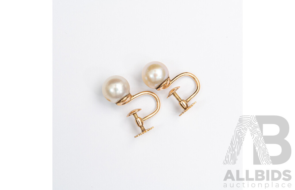 14ct Vintage Gold Cultured Pearl Screw Back Clip on Earrings, 7.5mm, 2.86 Grams