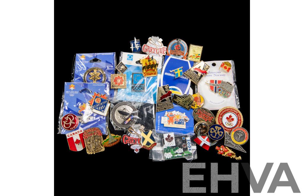 Collection of Vintage Olympic Souvenir Pins with Other Vintage Travel Pins
