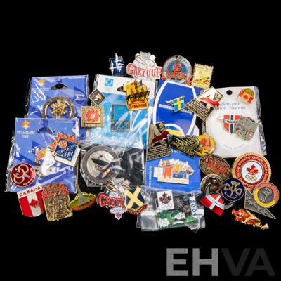 Collection of Vintage Olympic Souvenir Pins with Other Vintage Travel Pins