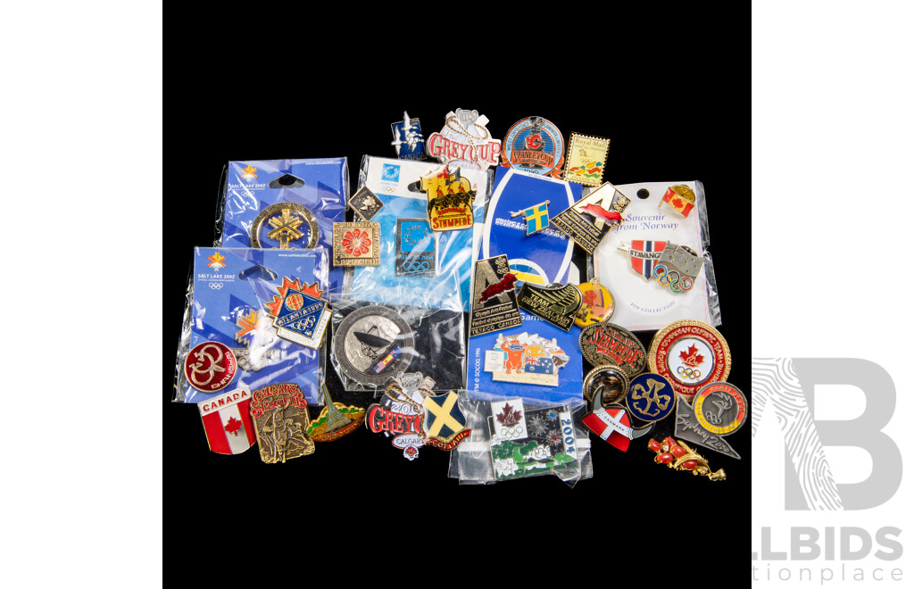 Collection of Vintage Olympic Souvenir Pins with Other Vintage Travel Pins