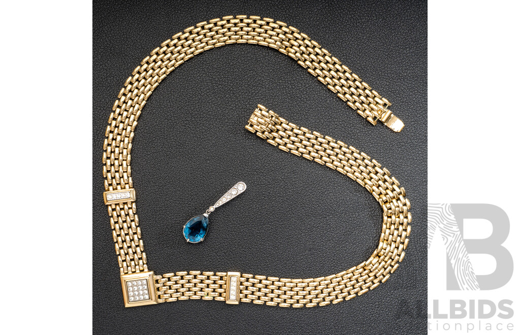 Swarovski Blue Crystal Drop Pendant & Avon Gold Tone Cz Necklace