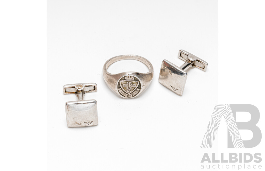 Emporio Armani Sterling Silver Cuff Links & Sterling Silver 'Scientia' Signet Ring, Size T, 19.30 Grams