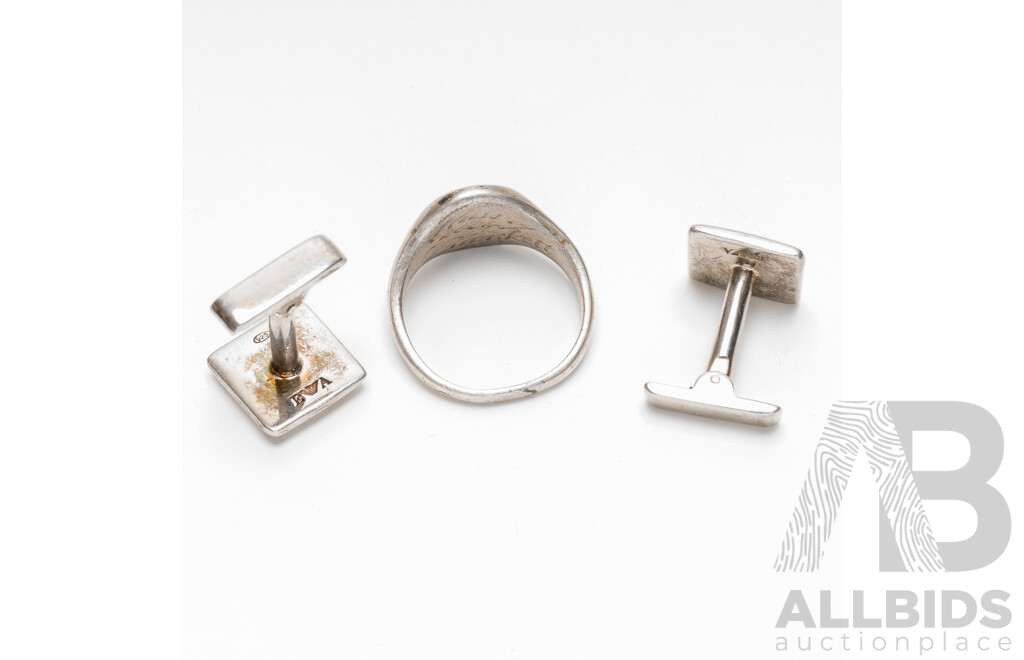 Emporio Armani Sterling Silver Cuff Links & Sterling Silver 'Scientia' Signet Ring, Size T, 19.30 Grams