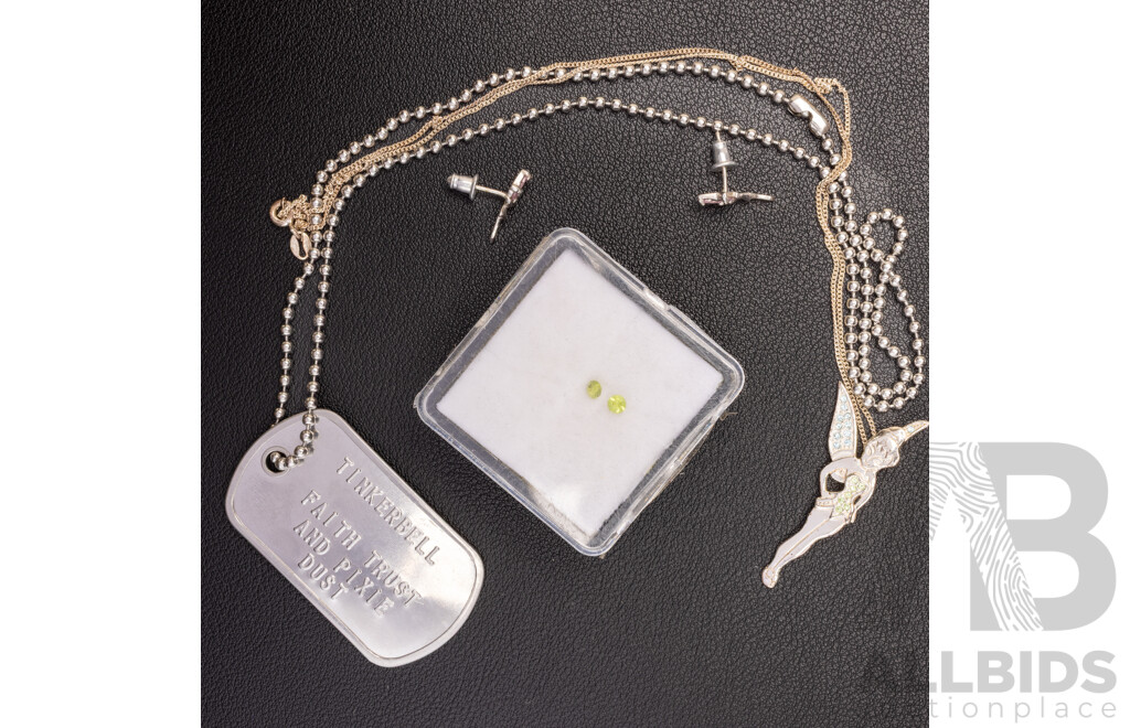 Sterling Silver Disney Tinkerbell Pendant, (2) Unset Peridots, Tinkerbell Dog Tag Necklace & Fairy Stud Earrings