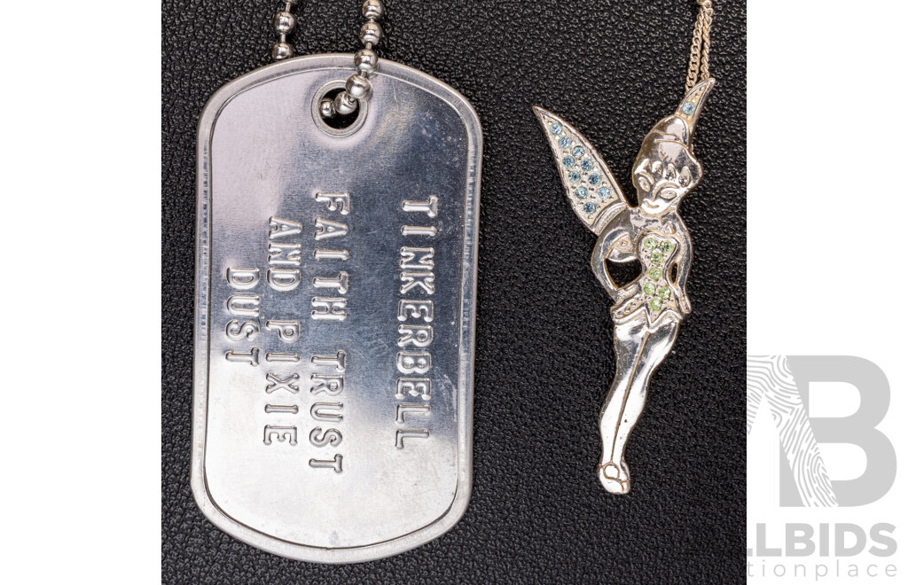 Sterling Silver Disney Tinkerbell Pendant, (2) Unset Peridots, Tinkerbell Dog Tag Necklace & Fairy Stud Earrings