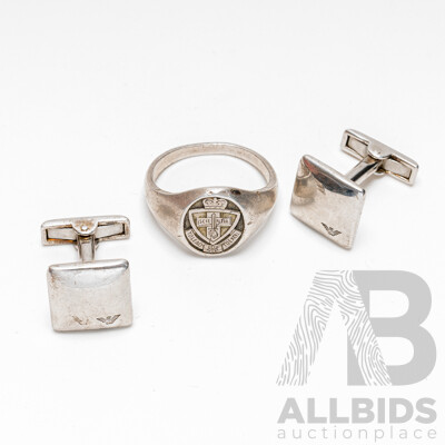 Emporio Armani Sterling Silver Cuff Links & Sterling Silver 'Scientia' Signet Ring, Size T, 19.30 Grams