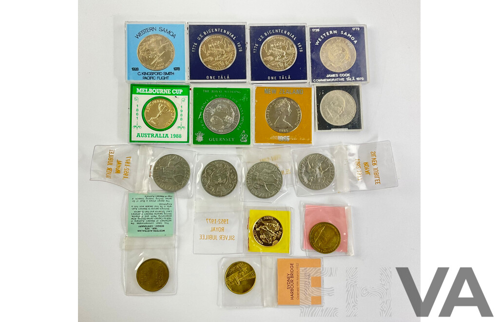 Collection of Commonwealth Countries Coins and Medallions Including 1962 Western Samoa One Tala, Australia 1988 Melbourne Cup, UK 1977 Jubilee Crowns and More