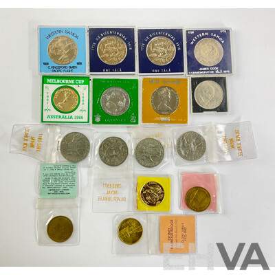 Collection of Commonwealth Countries Coins and Medallions Including 1962 Western Samoa One Tala, Australia 1988 Melbourne Cup, UK 1977 Jubilee Crowns and More