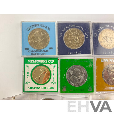 Collection of Commonwealth Countries Coins and Medallions Including 1962 Western Samoa One Tala, Australia 1988 Melbourne Cup, UK 1977 Jubilee Crowns and More