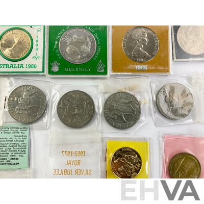 Collection of Commonwealth Countries Coins and Medallions Including 1962 Western Samoa One Tala, Australia 1988 Melbourne Cup, UK 1977 Jubilee Crowns and More