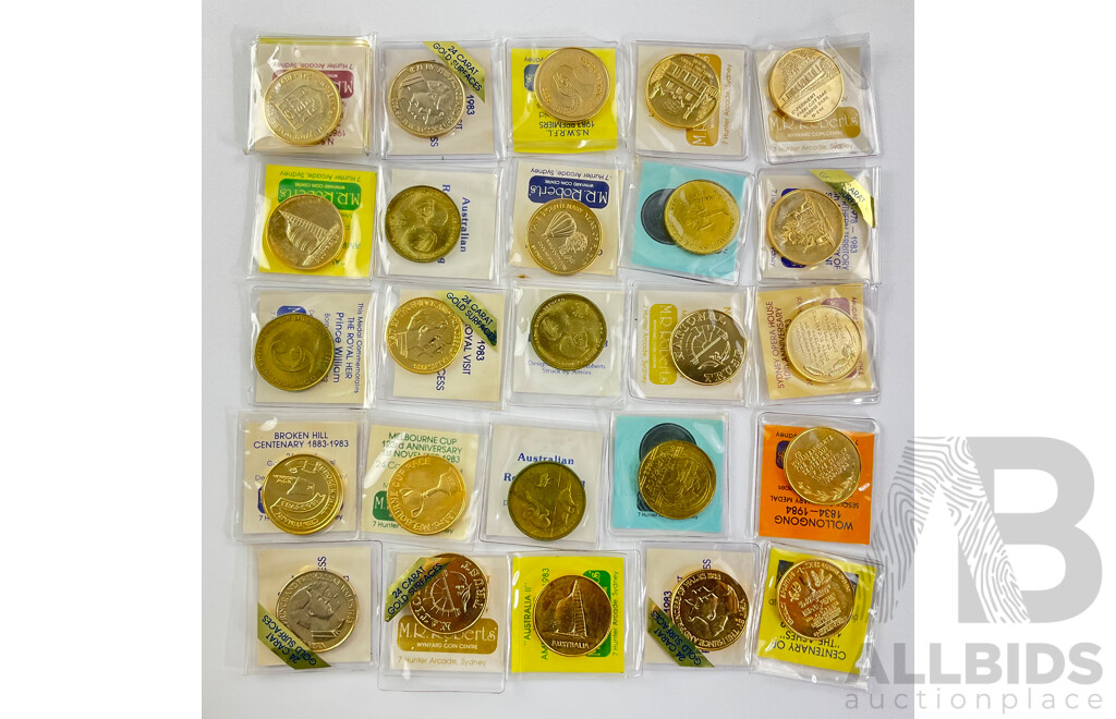 Collection of 1980's M.R Roberts Medallions Including 1983 24 Carat Surface Charles and Diana Royal Visit, Northern Territory 5th Anniversary of Self Government, 1983 Melbourne Cup, NSWRFL, and More