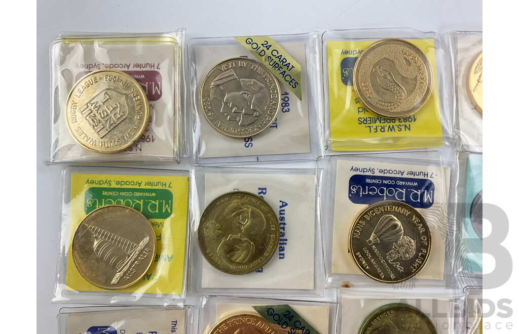 Collection of 1980's M.R Roberts Medallions Including 1983 24 Carat Surface Charles and Diana Royal Visit, Northern Territory 5th Anniversary of Self Government, 1983 Melbourne Cup, NSWRFL, and More
