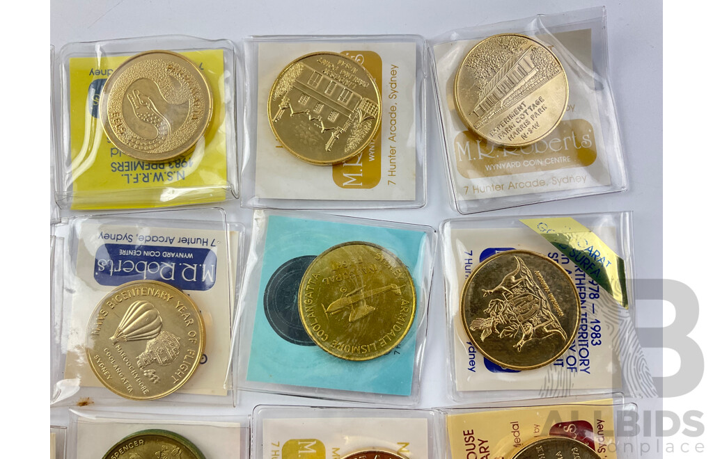 Collection of 1980's M.R Roberts Medallions Including 1983 24 Carat Surface Charles and Diana Royal Visit, Northern Territory 5th Anniversary of Self Government, 1983 Melbourne Cup, NSWRFL, and More