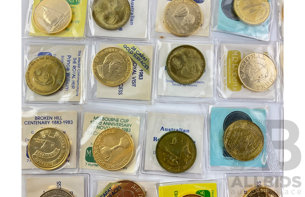 Collection of 1980's M.R Roberts Medallions Including 1983 24 Carat Surface Charles and Diana Royal Visit, Northern Territory 5th Anniversary of Self Government, 1983 Melbourne Cup, NSWRFL, and More