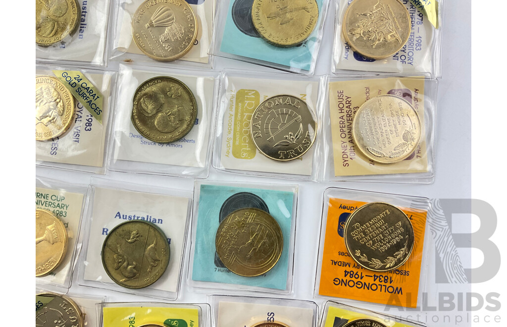 Collection of 1980's M.R Roberts Medallions Including 1983 24 Carat Surface Charles and Diana Royal Visit, Northern Territory 5th Anniversary of Self Government, 1983 Melbourne Cup, NSWRFL, and More