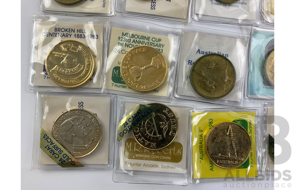 Collection of 1980's M.R Roberts Medallions Including 1983 24 Carat Surface Charles and Diana Royal Visit, Northern Territory 5th Anniversary of Self Government, 1983 Melbourne Cup, NSWRFL, and More