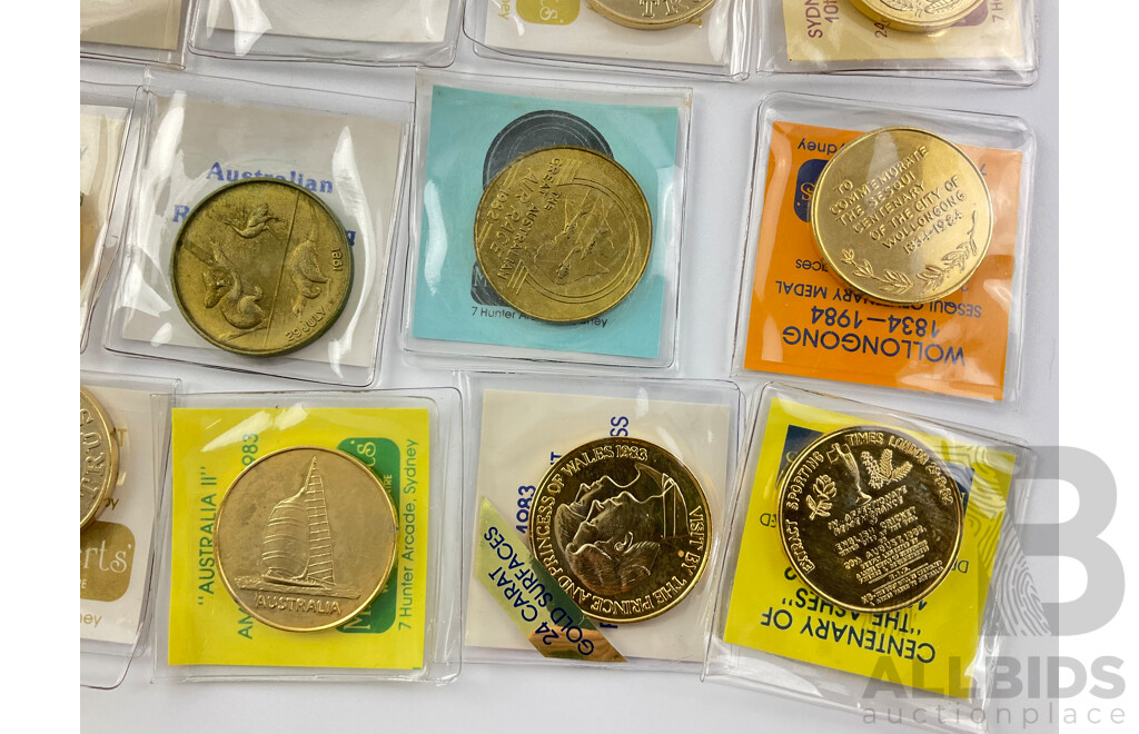 Collection of 1980's M.R Roberts Medallions Including 1983 24 Carat Surface Charles and Diana Royal Visit, Northern Territory 5th Anniversary of Self Government, 1983 Melbourne Cup, NSWRFL, and More