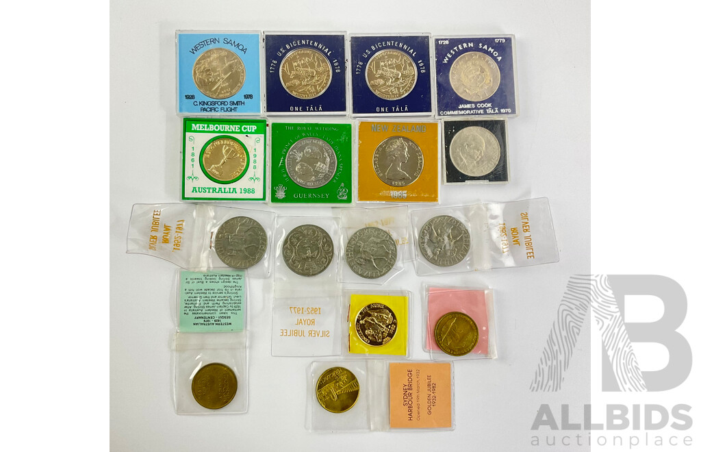 Collection of Commonwealth Countries Coins and Medallions Including 1962 Western Samoa One Tala, Australia 1988 Melbourne Cup, UK 1977 Jubilee Crowns and More