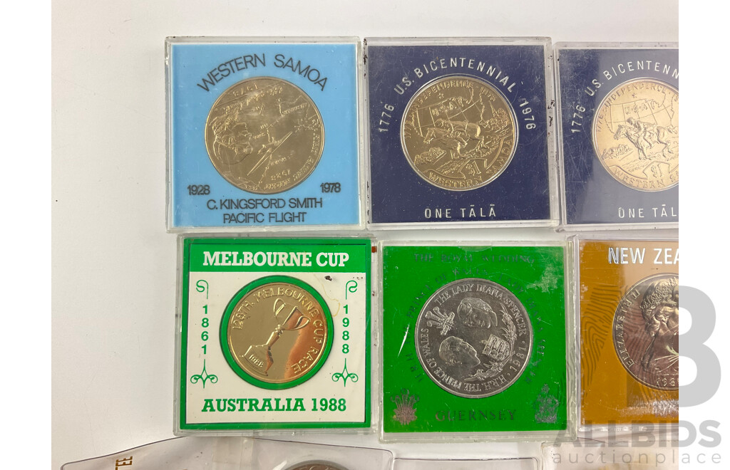 Collection of Commonwealth Countries Coins and Medallions Including 1962 Western Samoa One Tala, Australia 1988 Melbourne Cup, UK 1977 Jubilee Crowns and More
