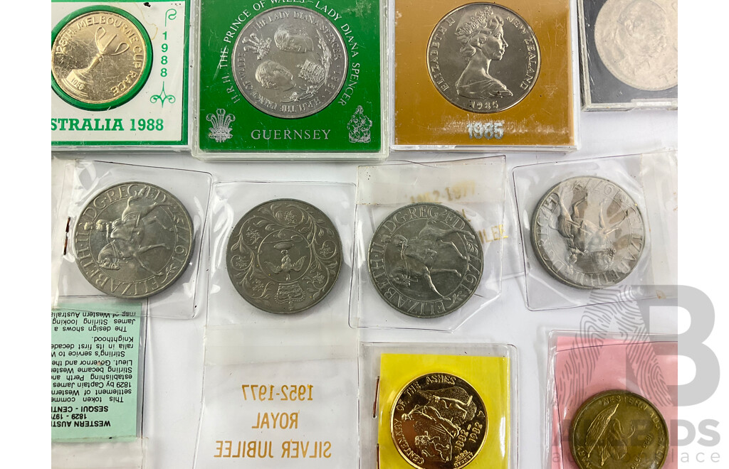 Collection of Commonwealth Countries Coins and Medallions Including 1962 Western Samoa One Tala, Australia 1988 Melbourne Cup, UK 1977 Jubilee Crowns and More