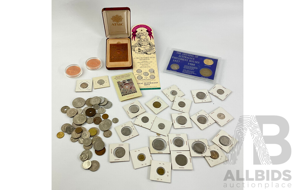 Australian 1988 Parliament Houses Coin Set with 1927 Silver Florin and Five Dollar Coin, RAM Christmas Pudding Coin Set, RAM 1993 ATSIC Medallion, JOH Country Tourist Dollars, Collection of International Coins NZ, USA, Singapore and More