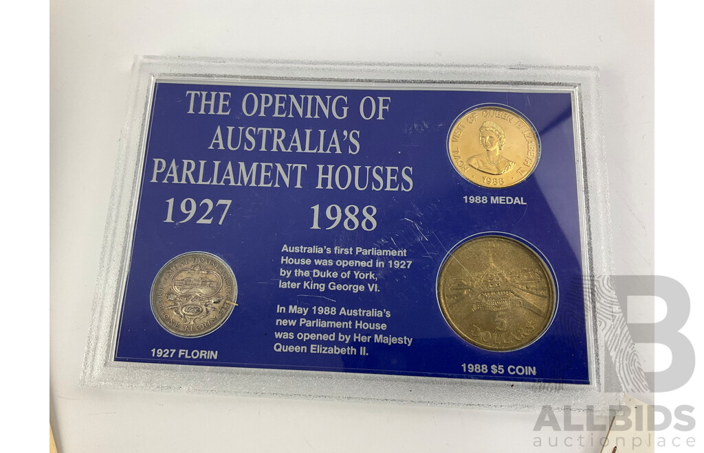 Australian 1988 Parliament Houses Coin Set with 1927 Silver Florin and Five Dollar Coin, RAM Christmas Pudding Coin Set, RAM 1993 ATSIC Medallion, JOH Country Tourist Dollars, Collection of International Coins NZ, USA, Singapore and More