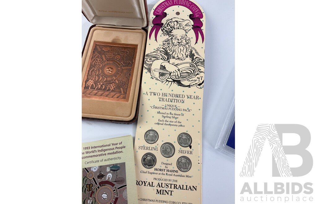 Australian 1988 Parliament Houses Coin Set with 1927 Silver Florin and Five Dollar Coin, RAM Christmas Pudding Coin Set, RAM 1993 ATSIC Medallion, JOH Country Tourist Dollars, Collection of International Coins NZ, USA, Singapore and More