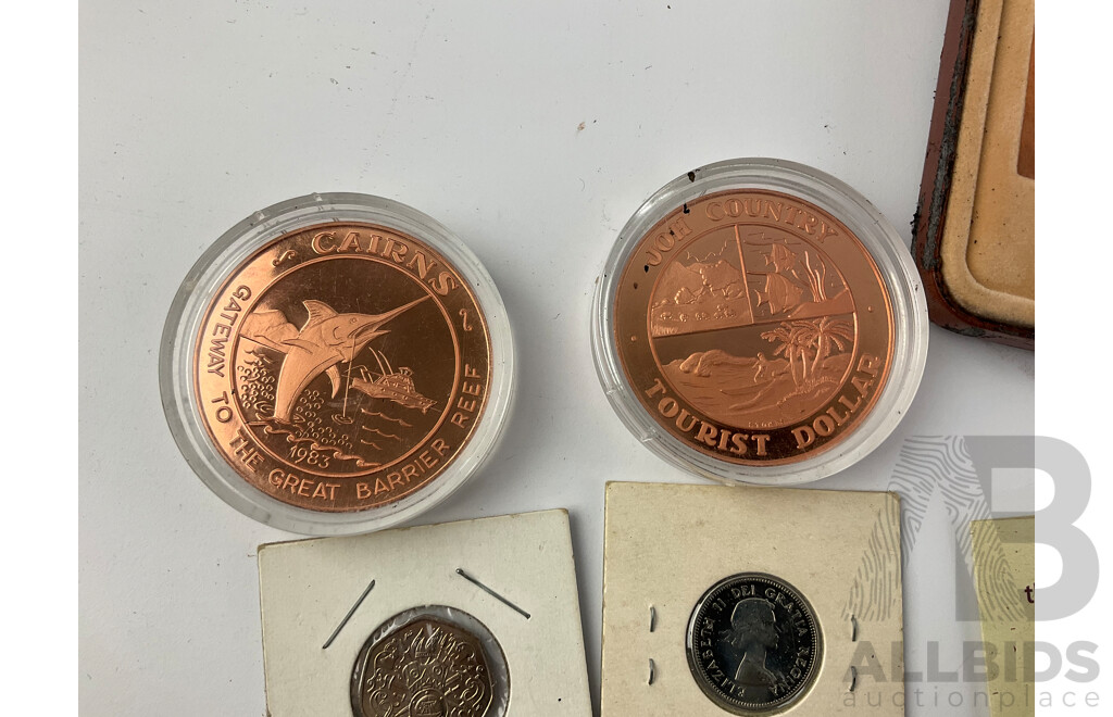 Australian 1988 Parliament Houses Coin Set with 1927 Silver Florin and Five Dollar Coin, RAM Christmas Pudding Coin Set, RAM 1993 ATSIC Medallion, JOH Country Tourist Dollars, Collection of International Coins NZ, USA, Singapore and More