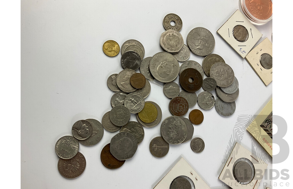 Australian 1988 Parliament Houses Coin Set with 1927 Silver Florin and Five Dollar Coin, RAM Christmas Pudding Coin Set, RAM 1993 ATSIC Medallion, JOH Country Tourist Dollars, Collection of International Coins NZ, USA, Singapore and More