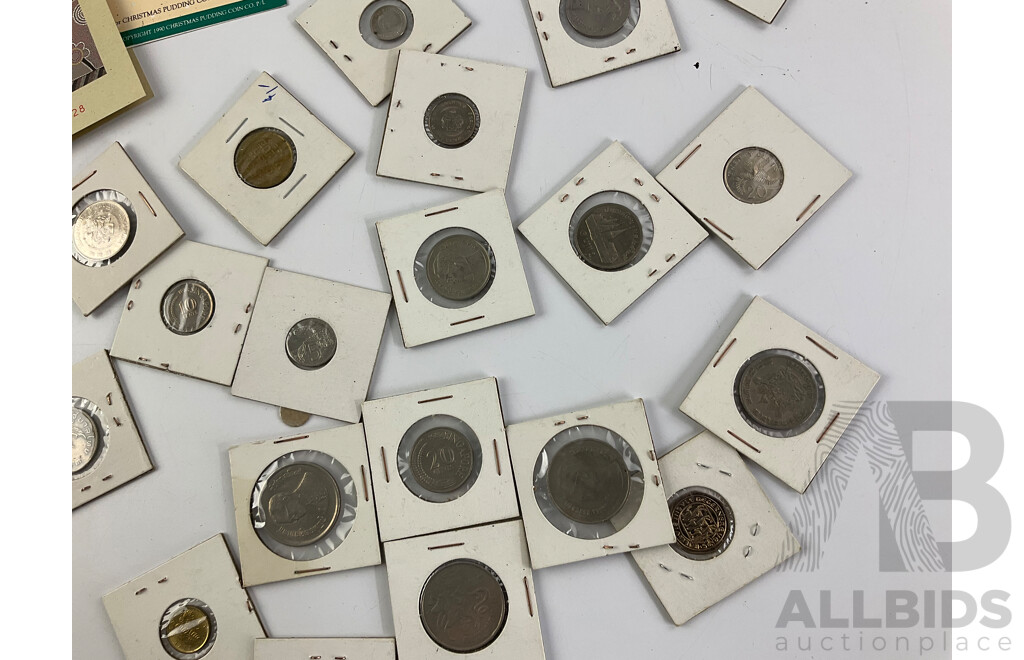 Australian 1988 Parliament Houses Coin Set with 1927 Silver Florin and Five Dollar Coin, RAM Christmas Pudding Coin Set, RAM 1993 ATSIC Medallion, JOH Country Tourist Dollars, Collection of International Coins NZ, USA, Singapore and More