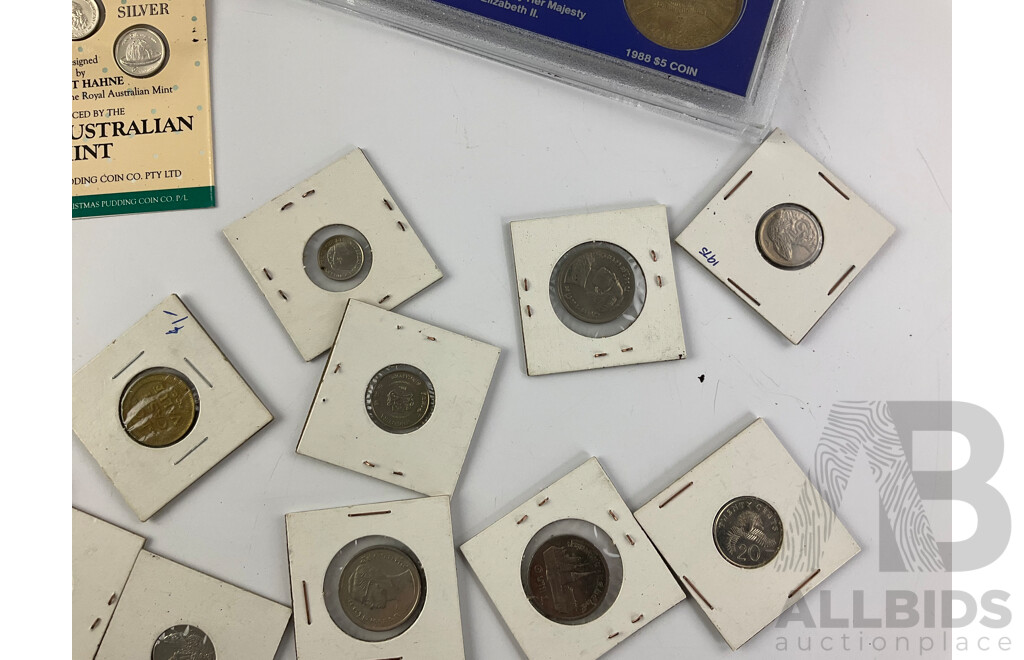 Australian 1988 Parliament Houses Coin Set with 1927 Silver Florin and Five Dollar Coin, RAM Christmas Pudding Coin Set, RAM 1993 ATSIC Medallion, JOH Country Tourist Dollars, Collection of International Coins NZ, USA, Singapore and More