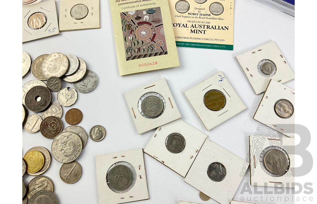 Australian 1988 Parliament Houses Coin Set with 1927 Silver Florin and Five Dollar Coin, RAM Christmas Pudding Coin Set, RAM 1993 ATSIC Medallion, JOH Country Tourist Dollars, Collection of International Coins NZ, USA, Singapore and More