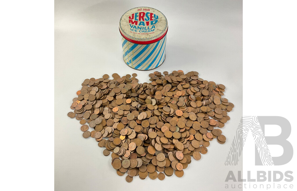 Large Collection of Australian One and Two Cent Coins with Jersey Maid Ice Cream Tin, Examples Spanning 1966 to 1989 - Approximately 6.3 Kilograms