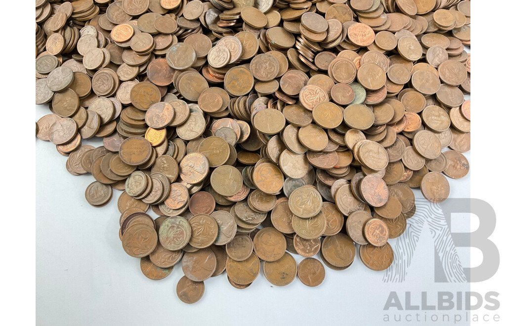 Large Collection of Australian One and Two Cent Coins with Jersey Maid Ice Cream Tin, Examples Spanning 1966 to 1989 - Approximately 6.3 Kilograms