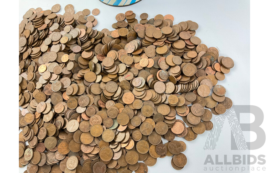 Large Collection of Australian One and Two Cent Coins with Jersey Maid Ice Cream Tin, Examples Spanning 1966 to 1989 - Approximately 6.3 Kilograms