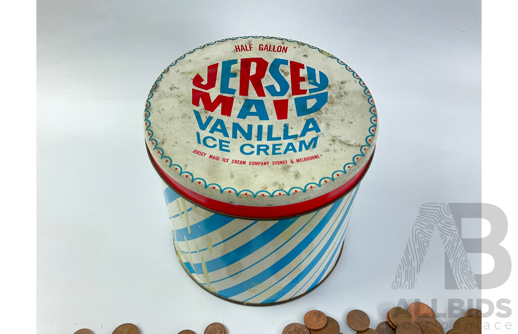 Large Collection of Australian One and Two Cent Coins with Jersey Maid Ice Cream Tin, Examples Spanning 1966 to 1989 - Approximately 6.3 Kilograms