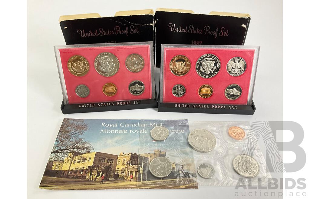 Two USA 1982 Proof Coin Sets with Canadian 1975 UNC Coin Set