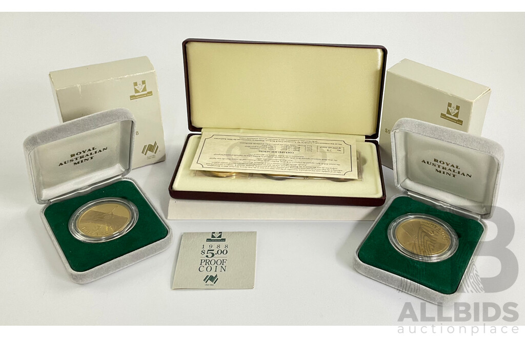 Two Australian RAM Five Dollar Proof Coins with Coins of the First Fleet